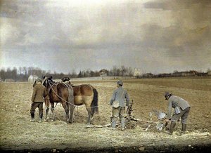 Un fermier et deux soldats français labourant avec deux chevaux, Marne, France, 1917